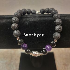 Men's Black, Silver, and Purple Beaded Bracelet